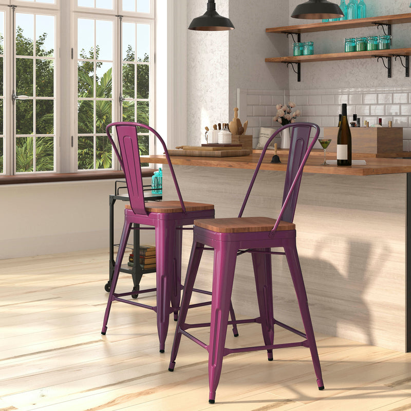 Sarah 24" Metal Indoor-Outdoor Counter Stool with Vertical Slat Back, Integrated Footrest and Wood Seat