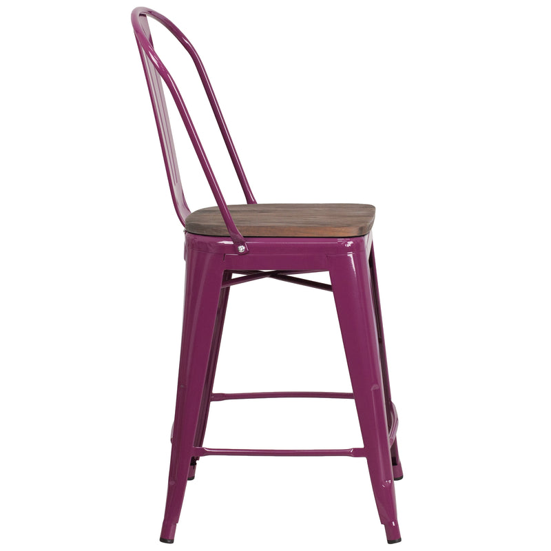 Sarah 24" Metal Indoor-Outdoor Counter Stool with Vertical Slat Back, Integrated Footrest and Wood Seat