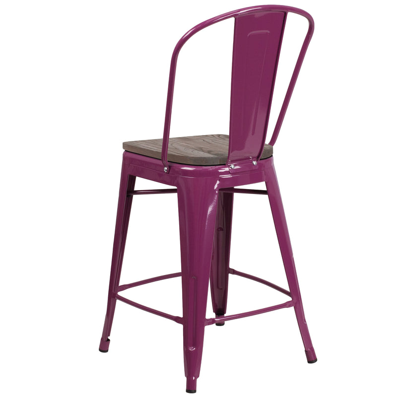 Sarah 24" Metal Indoor-Outdoor Counter Stool with Vertical Slat Back, Integrated Footrest and Wood Seat