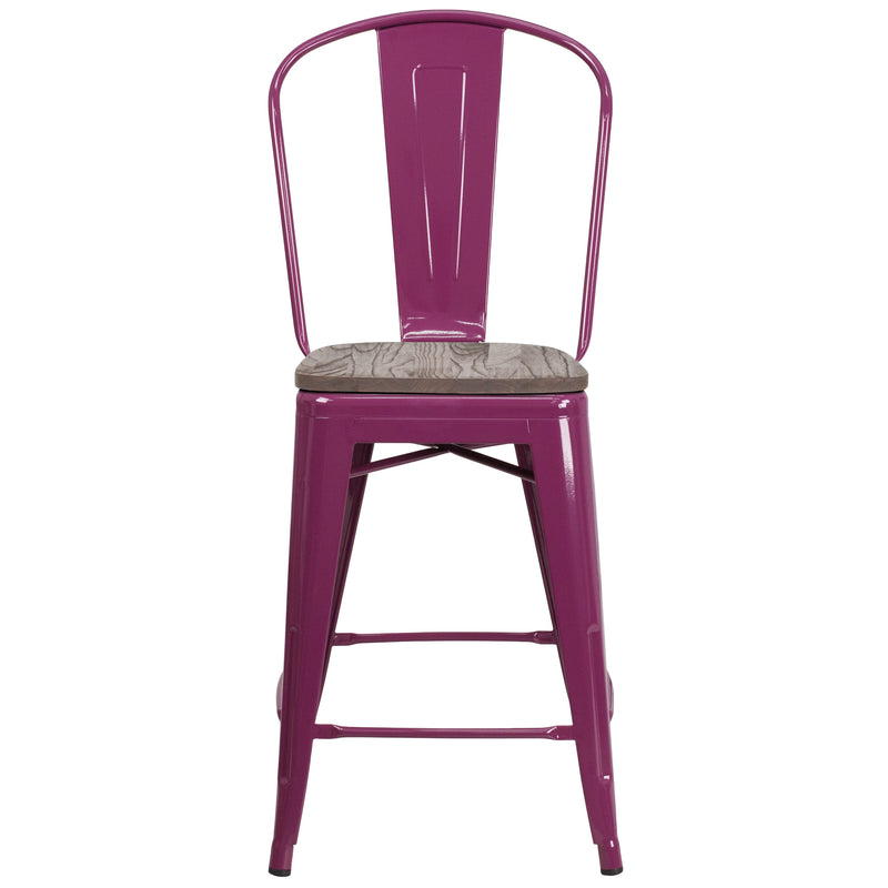 Sarah 24" Metal Indoor-Outdoor Counter Stool with Vertical Slat Back, Integrated Footrest and Wood Seat