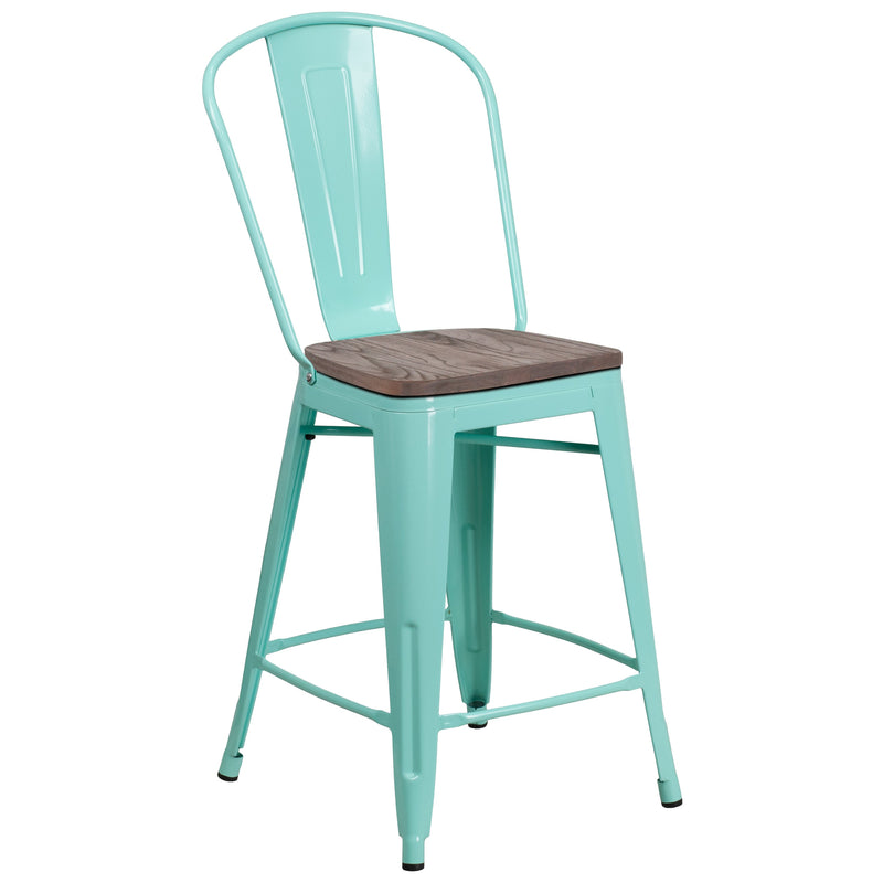 Sarah 24" Metal Indoor-Outdoor Counter Stool with Vertical Slat Back, Integrated Footrest and Wood Seat