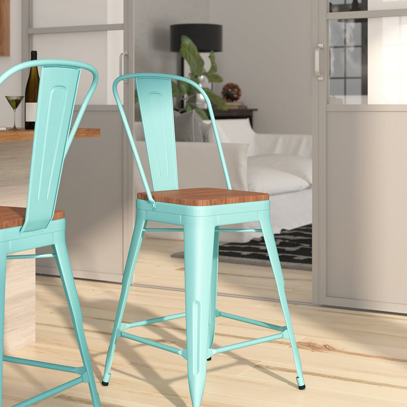 Sarah 24" Metal Indoor-Outdoor Counter Stool with Vertical Slat Back, Integrated Footrest and Wood Seat