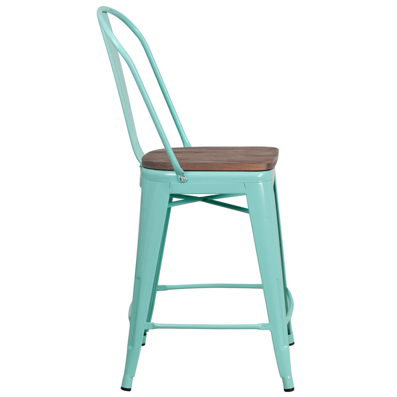 Sarah 24" Metal Indoor-Outdoor Counter Stool with Vertical Slat Back, Integrated Footrest and Wood Seat