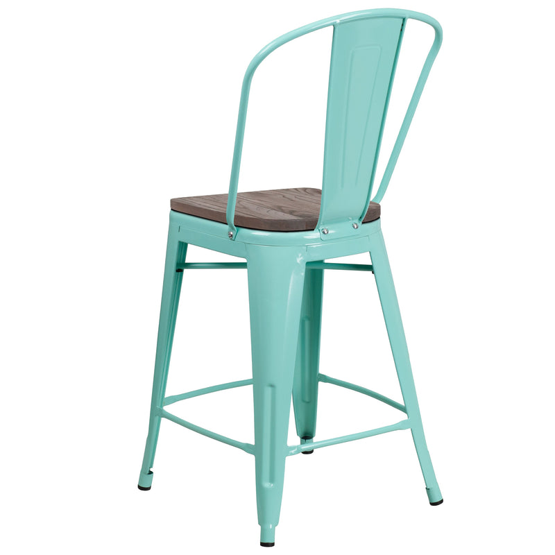 Sarah 24" Metal Indoor-Outdoor Counter Stool with Vertical Slat Back, Integrated Footrest and Wood Seat