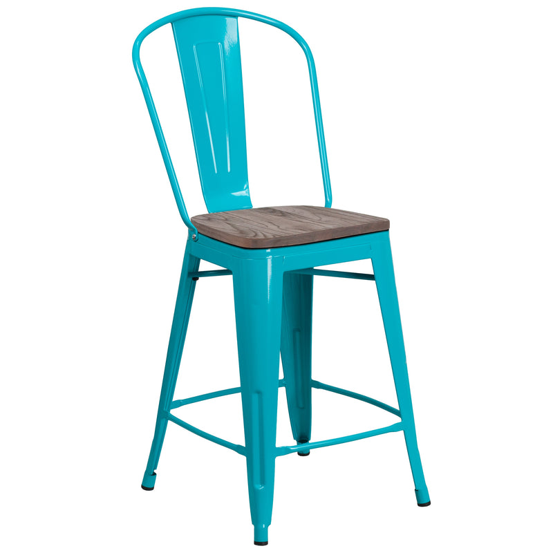 Sarah 24" Metal Indoor-Outdoor Counter Stool with Vertical Slat Back, Integrated Footrest and Wood Seat