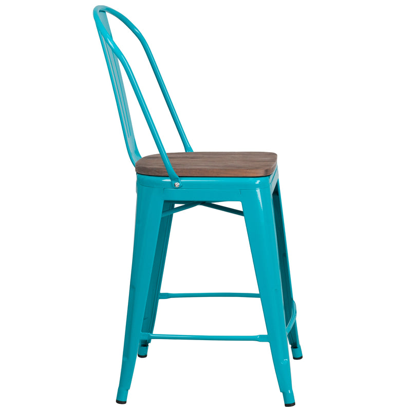 Sarah 24" Metal Indoor-Outdoor Counter Stool with Vertical Slat Back, Integrated Footrest and Wood Seat