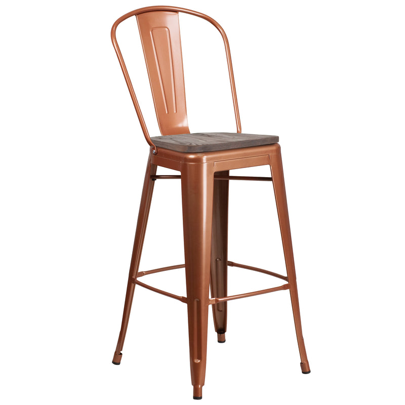 Sarah 30" Metal Indoor-Outdoor Counter Stool with Vertical Slat Back, Integrated Footrest and Wood Seat in Crystal Teal-Blue