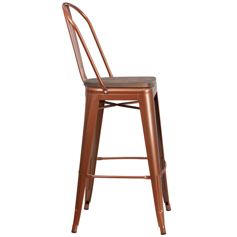 Sarah 30" Metal Indoor-Outdoor Counter Stool with Vertical Slat Back, Integrated Footrest and Wood Seat in Crystal Teal-Blue