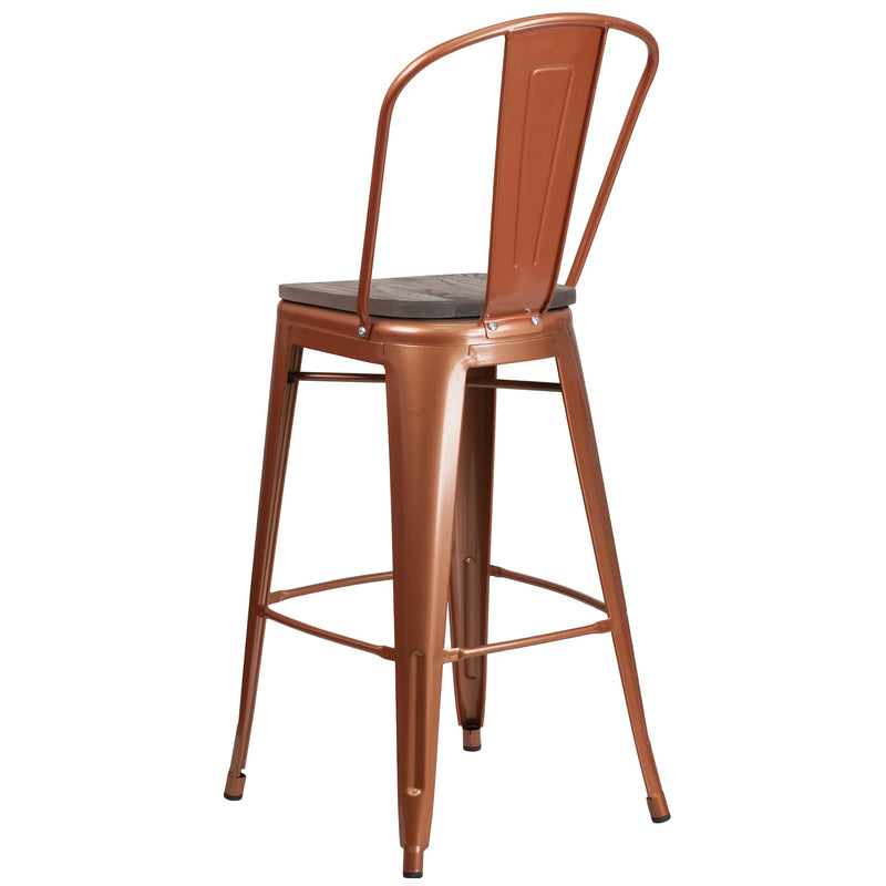 Sarah 30" Metal Indoor-Outdoor Counter Stool with Vertical Slat Back, Integrated Footrest and Wood Seat in Crystal Teal-Blue