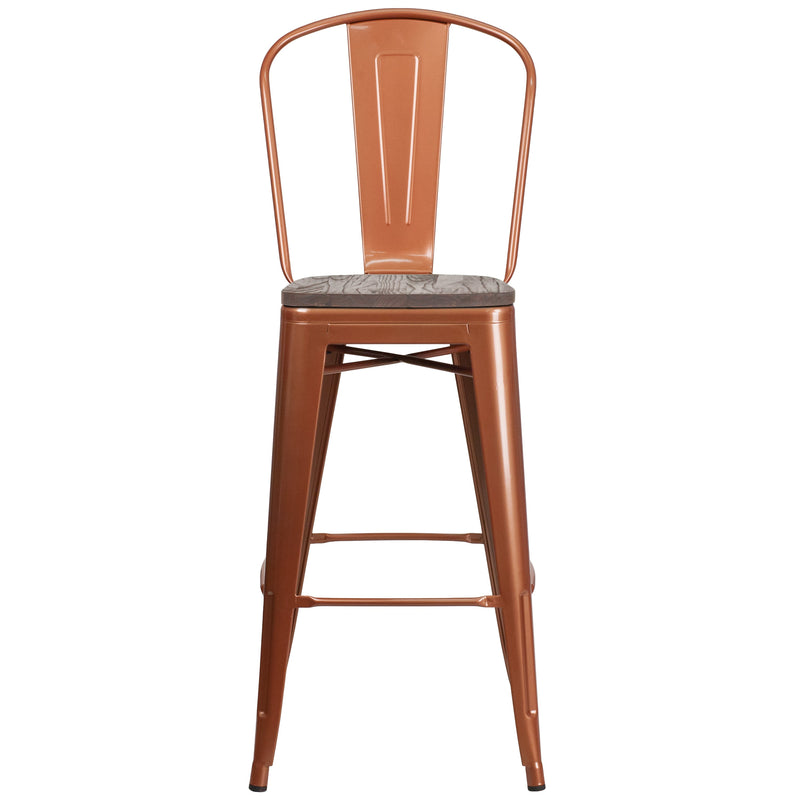 Sarah 30" Metal Indoor-Outdoor Counter Stool with Vertical Slat Back, Integrated Footrest and Wood Seat in Crystal Teal-Blue