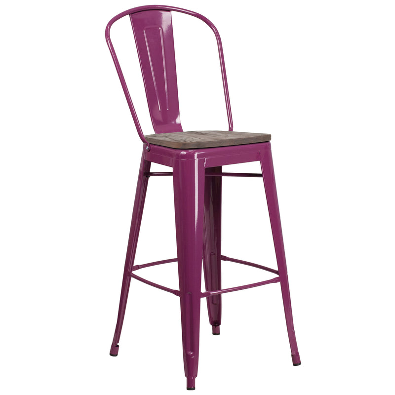 Sarah 30" Metal Indoor-Outdoor Counter Stool with Vertical Slat Back, Integrated Footrest and Wood Seat in Crystal Teal-Blue