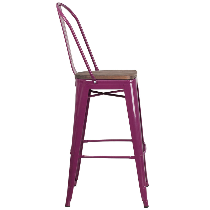 Sarah 30" Metal Indoor-Outdoor Counter Stool with Vertical Slat Back, Integrated Footrest and Wood Seat in Crystal Teal-Blue