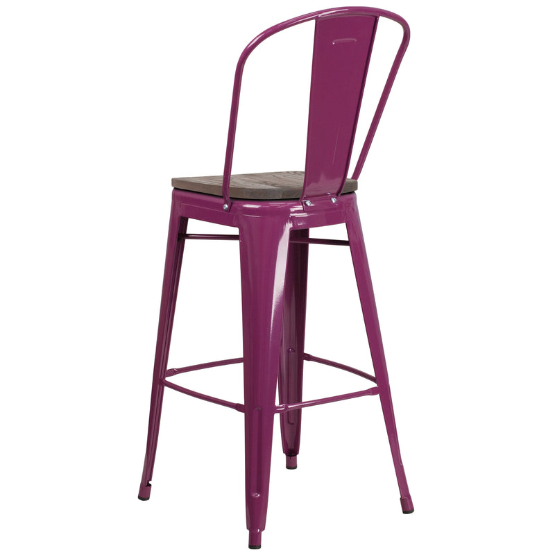 Sarah 30" Metal Indoor-Outdoor Counter Stool with Vertical Slat Back, Integrated Footrest and Wood Seat in Crystal Teal-Blue