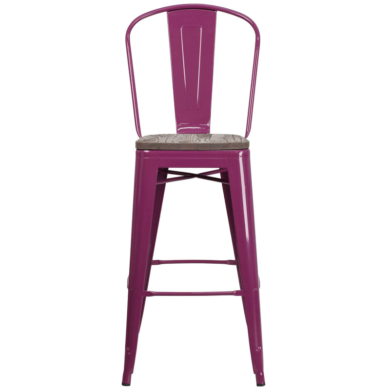 Sarah 30" Metal Indoor-Outdoor Counter Stool with Vertical Slat Back, Integrated Footrest and Wood Seat in Crystal Teal-Blue