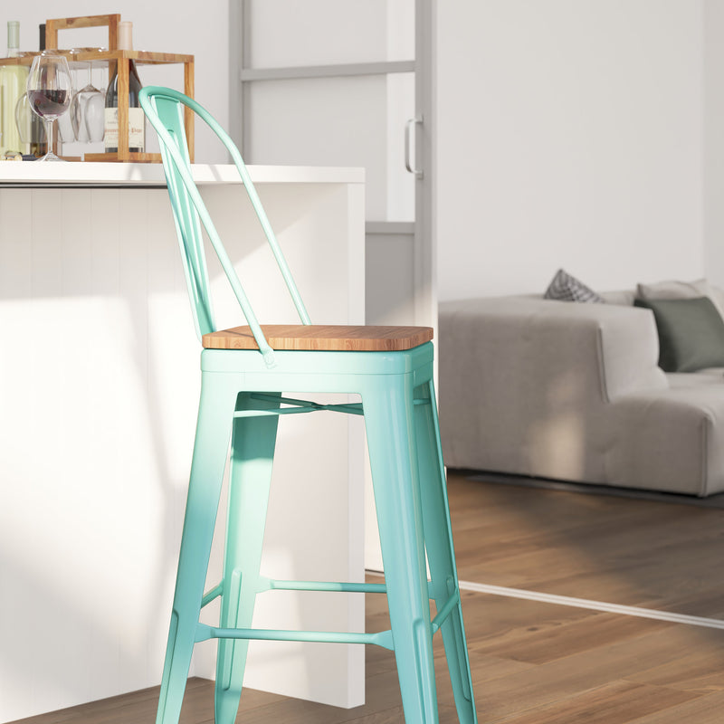 Sarah 30" Metal Indoor-Outdoor Counter Stool with Vertical Slat Back, Integrated Footrest and Wood Seat in Crystal Teal-Blue