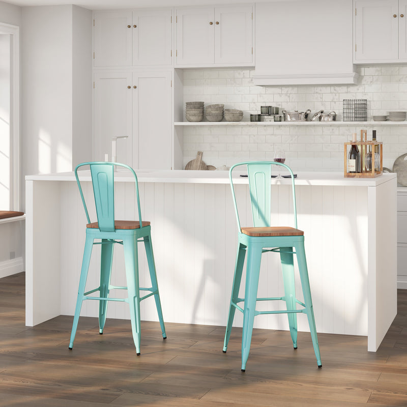 Sarah 30" Metal Indoor-Outdoor Counter Stool with Vertical Slat Back, Integrated Footrest and Wood Seat in Crystal Teal-Blue
