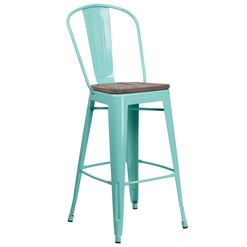 Sarah 30" Metal Indoor-Outdoor Counter Stool with Vertical Slat Back, Integrated Footrest and Wood Seat in Crystal Teal-Blue