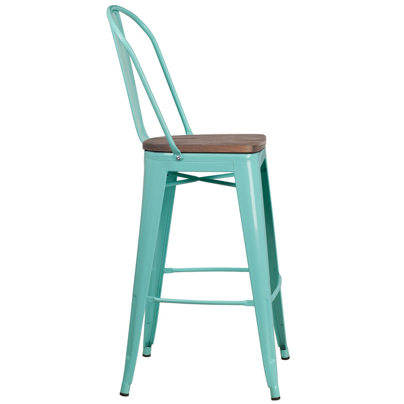 Sarah 30" Metal Indoor-Outdoor Counter Stool with Vertical Slat Back, Integrated Footrest and Wood Seat in Crystal Teal-Blue