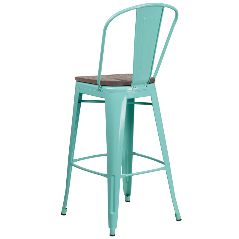 Sarah 30" Metal Indoor-Outdoor Counter Stool with Vertical Slat Back, Integrated Footrest and Wood Seat in Crystal Teal-Blue