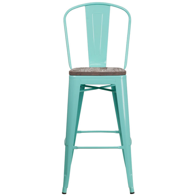 Sarah 30" Metal Indoor-Outdoor Counter Stool with Vertical Slat Back, Integrated Footrest and Wood Seat in Crystal Teal-Blue