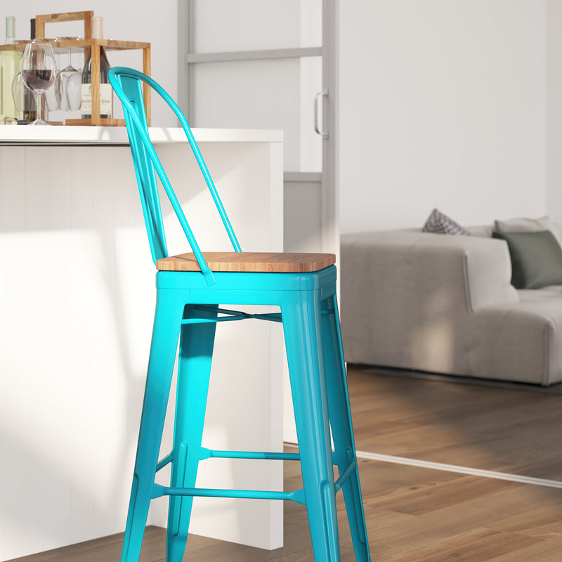 Sarah 30" Metal Indoor-Outdoor Counter Stool with Vertical Slat Back, Integrated Footrest and Wood Seat in Crystal Teal-Blue