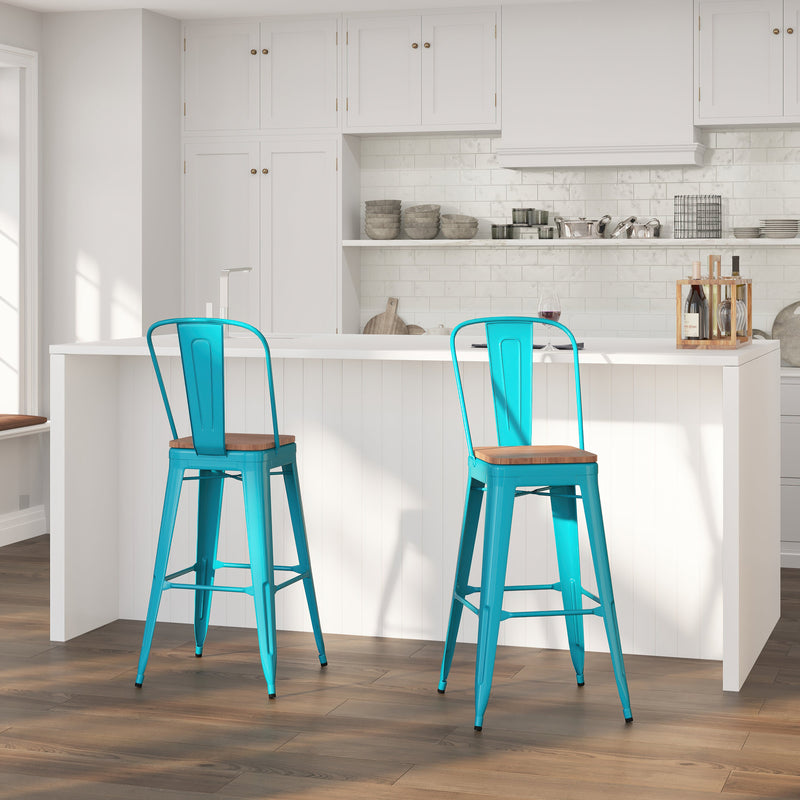 Sarah 30" Metal Indoor-Outdoor Counter Stool with Vertical Slat Back, Integrated Footrest and Wood Seat in Crystal Teal-Blue