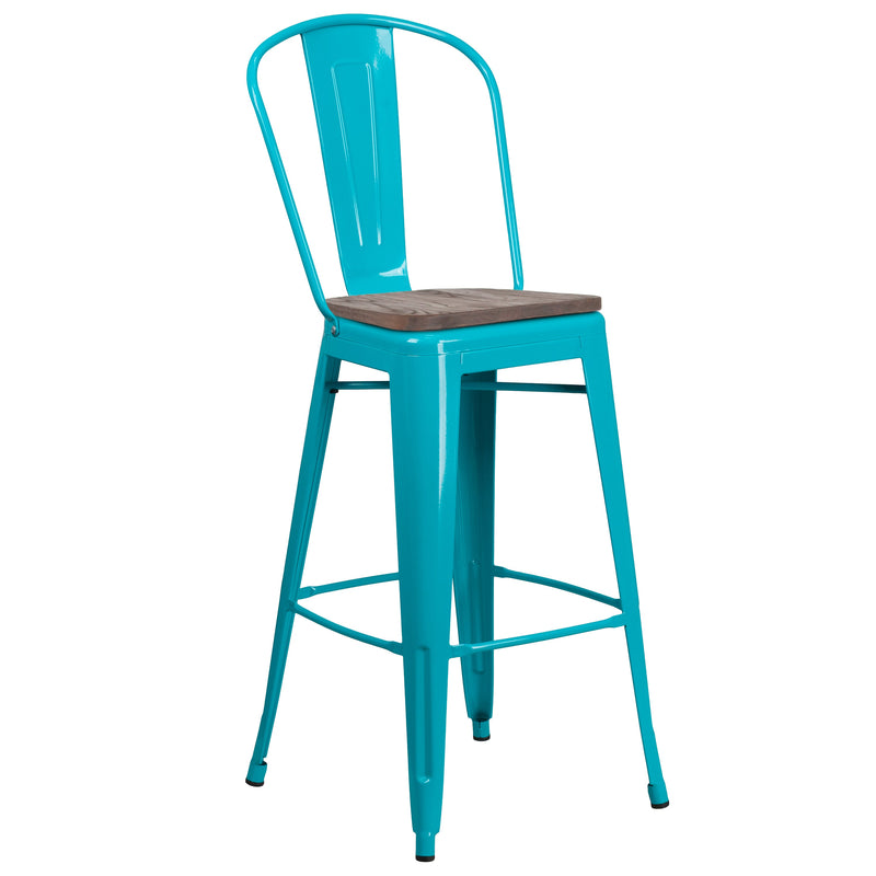 Sarah 30" Metal Indoor-Outdoor Counter Stool with Vertical Slat Back, Integrated Footrest and Wood Seat in Crystal Teal-Blue