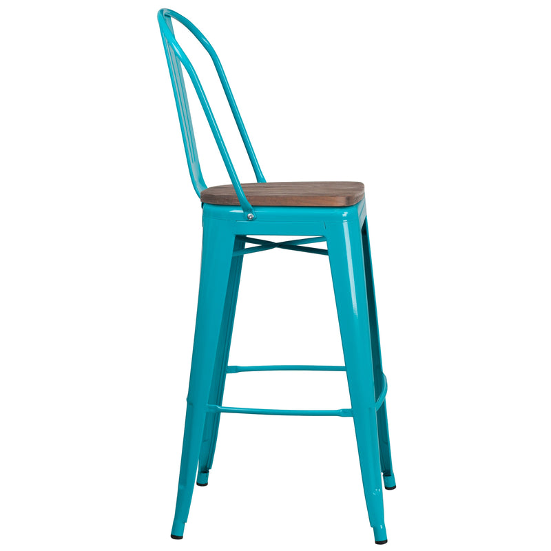 Sarah 30" Metal Indoor-Outdoor Counter Stool with Vertical Slat Back, Integrated Footrest and Wood Seat in Crystal Teal-Blue