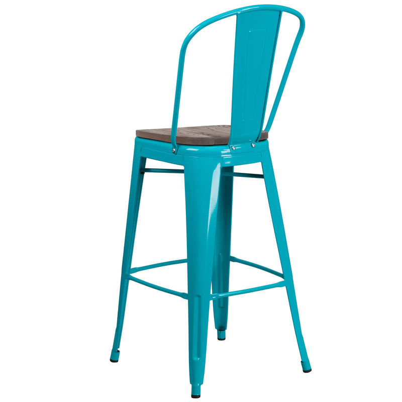 Sarah 30" Metal Indoor-Outdoor Counter Stool with Vertical Slat Back, Integrated Footrest and Wood Seat in Crystal Teal-Blue