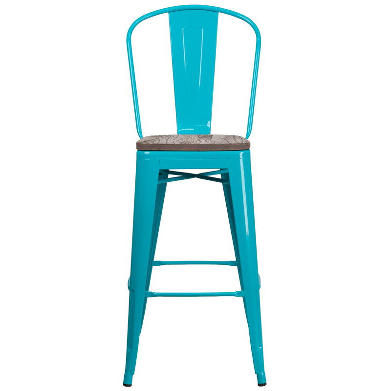 Sarah 30" Metal Indoor-Outdoor Counter Stool with Vertical Slat Back, Integrated Footrest and Wood Seat in Crystal Teal-Blue
