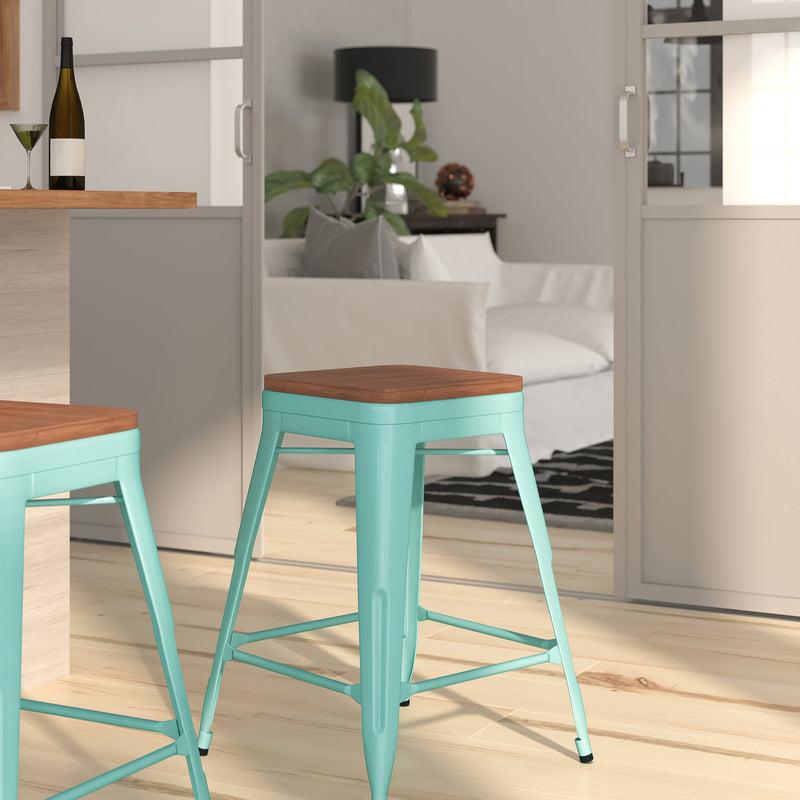 Dalton Series 24" High Backless Metal Counter Height Dining Stool with Wooden Seat for Indoor Use
