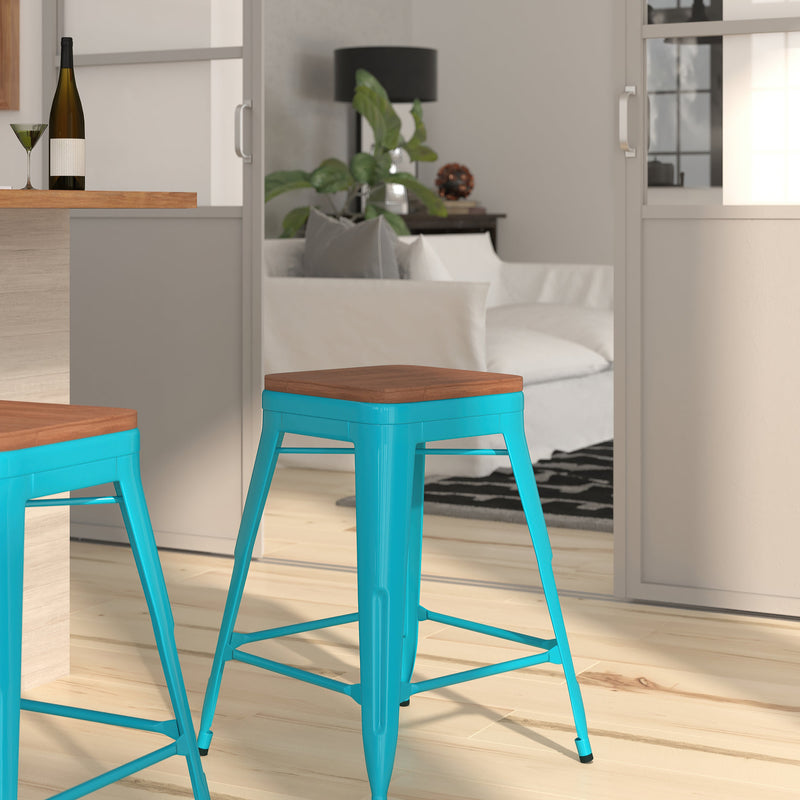 Dalton Series 24" High Backless Metal Counter Height Dining Stool with Wooden Seat for Indoor Use