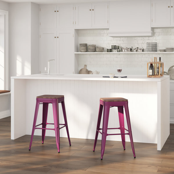Dalton Series 30" High Backless Crystal Blue Metal Bar Height Dining Stool with Wooden Seat for Indoor Use