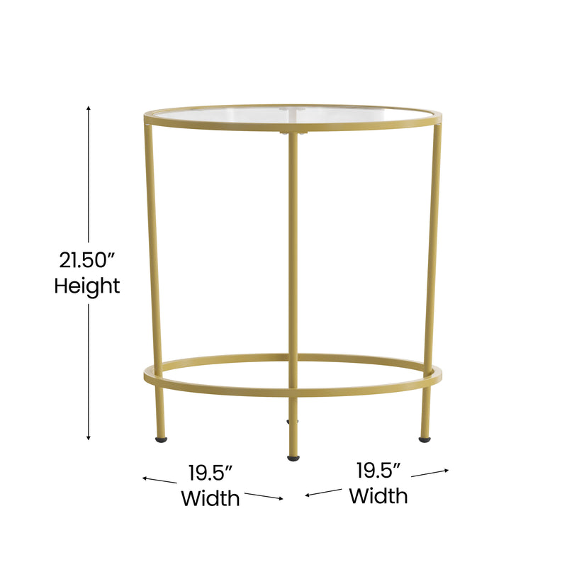 Newbury Glass End Table with Round Brushed Gold Frame and Vertical Legs