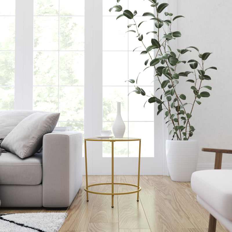 Newbury Glass End Table with Round Brushed Gold Frame and Vertical Legs