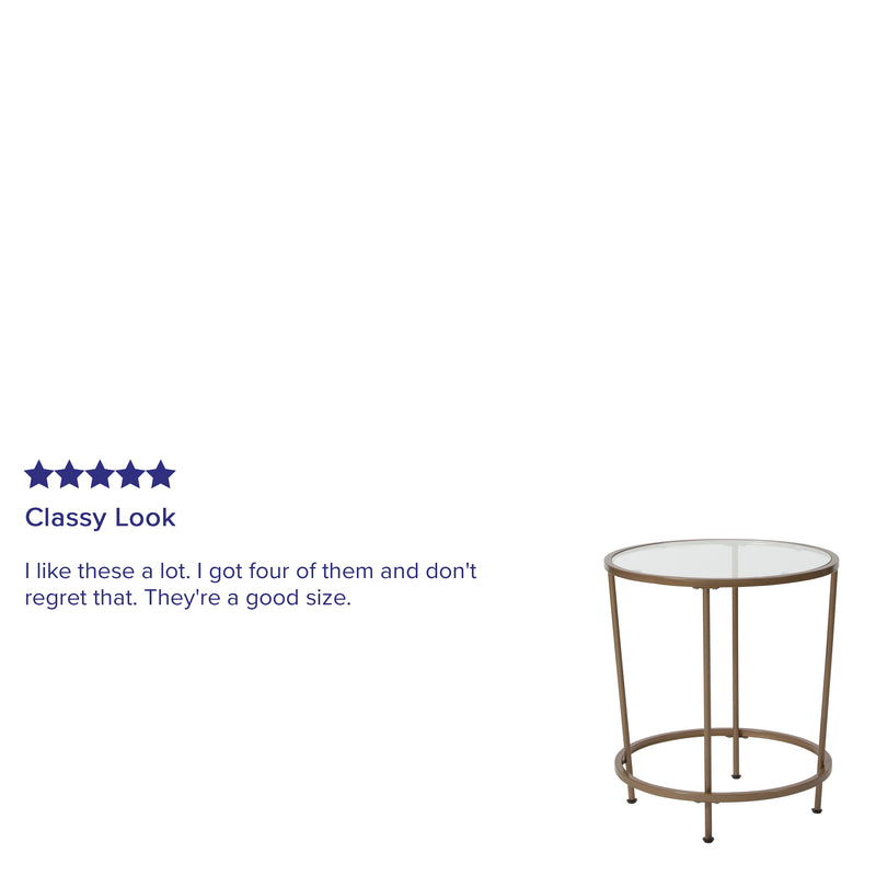 Newbury Glass End Table with Round Brushed Gold Frame and Vertical Legs