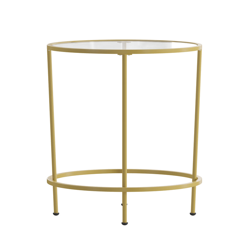 Newbury Glass End Table with Round Brushed Gold Frame and Vertical Legs