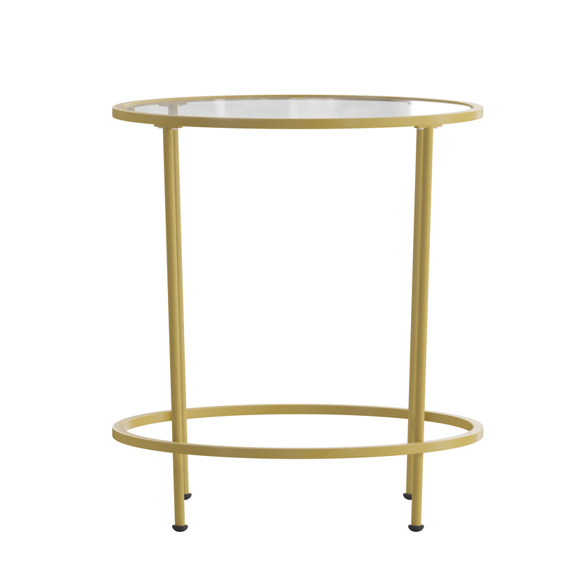 Newbury Glass End Table with Round Brushed Gold Frame and Vertical Legs
