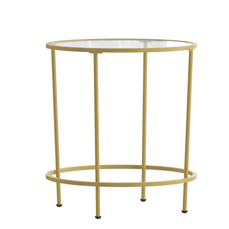 Newbury Glass End Table with Round Brushed Gold Frame and Vertical Legs
