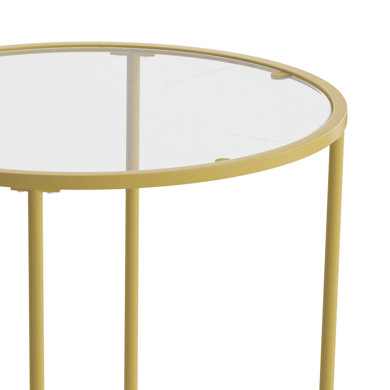 Newbury Glass End Table with Round Brushed Gold Frame and Vertical Legs