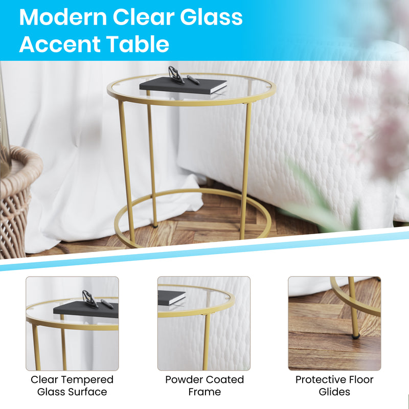 Newbury Glass End Table with Round Brushed Gold Frame and Vertical Legs