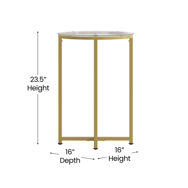 Fairdale Glass End Table with Round Brushed Gold Cross Brace Frame