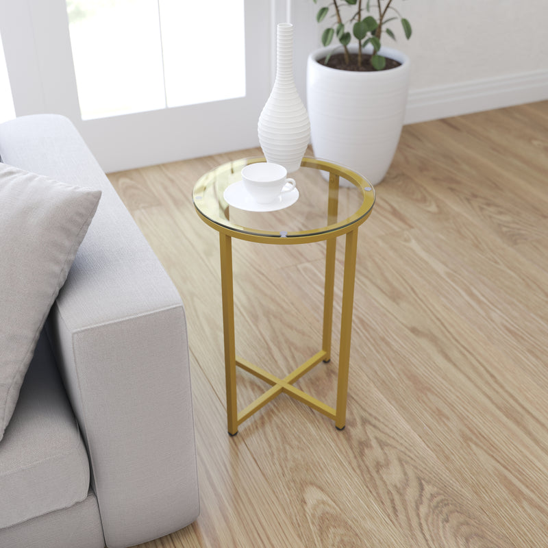 Fairdale Glass End Table with Round Brushed Gold Cross Brace Frame