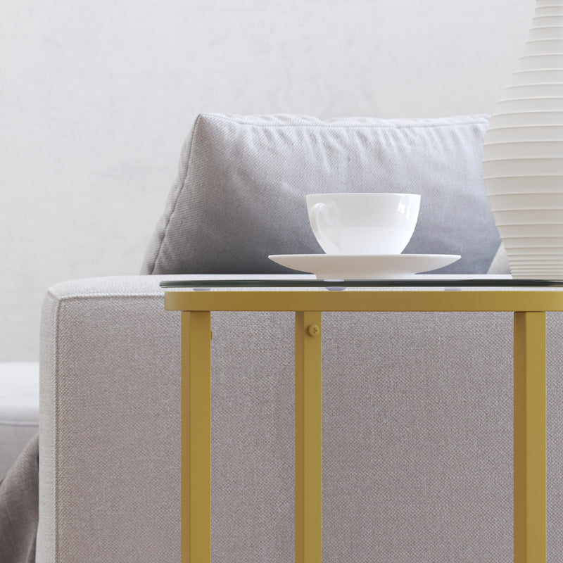 Fairdale Glass End Table with Round Brushed Gold Cross Brace Frame