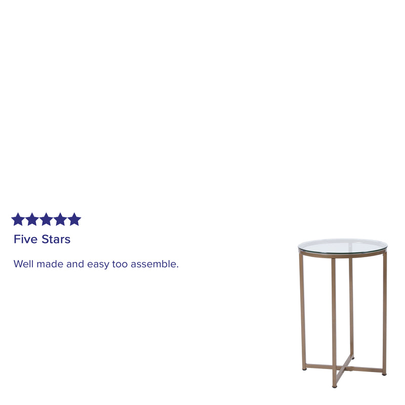 Fairdale Glass End Table with Round Brushed Gold Cross Brace Frame