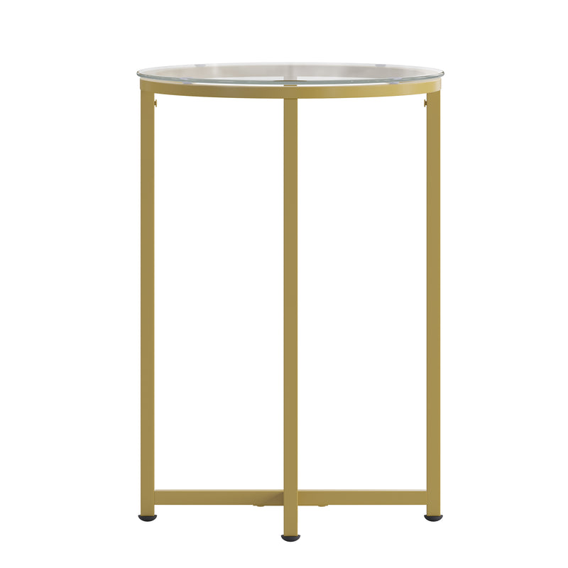 Fairdale Glass End Table with Round Brushed Gold Cross Brace Frame