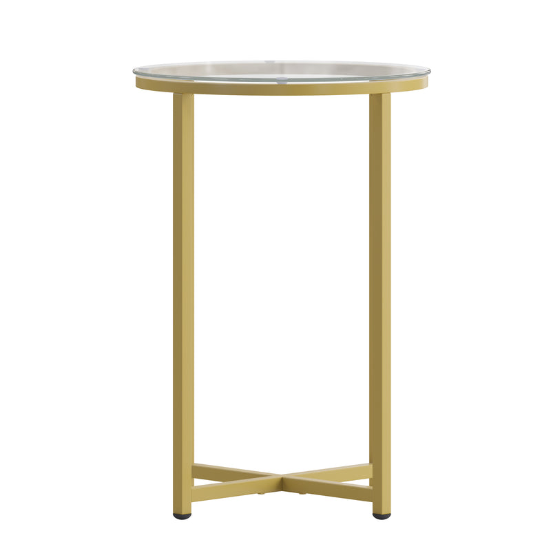 Fairdale Glass End Table with Round Brushed Gold Cross Brace Frame