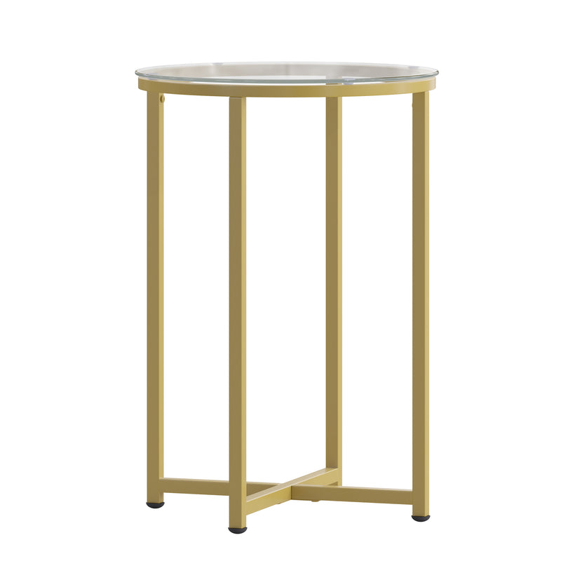 Fairdale Glass End Table with Round Brushed Gold Cross Brace Frame