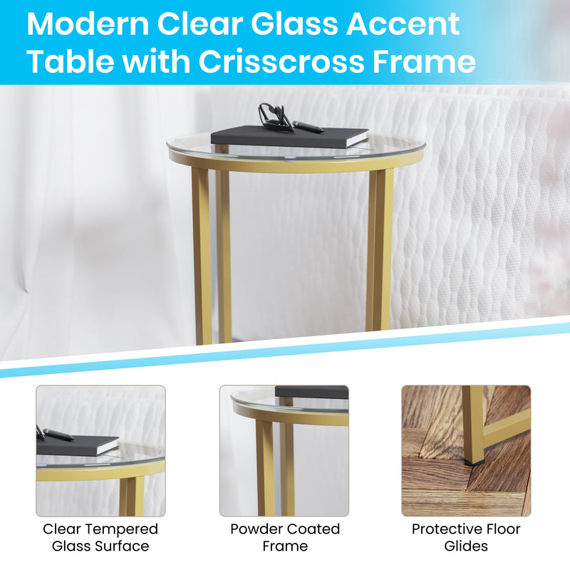 Fairdale Glass End Table with Round Brushed Gold Cross Brace Frame