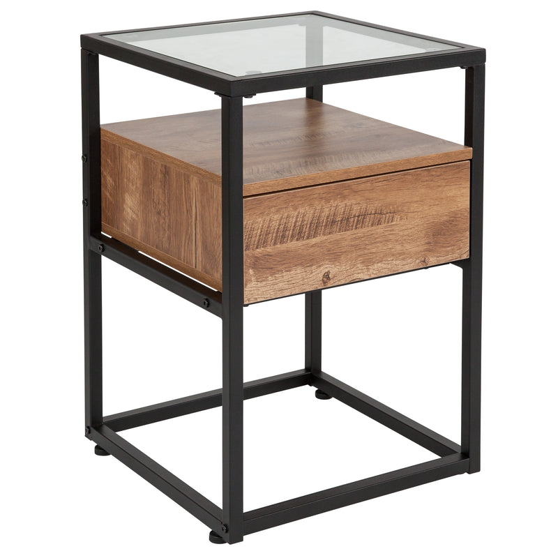 Glass End Table with Drawer and Shelf in Rustic Wood Grain Finish